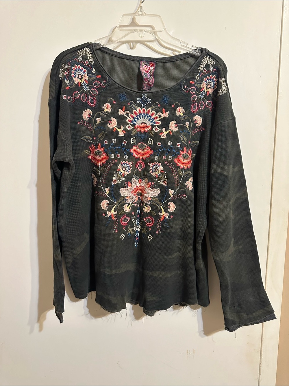 Johnny Was Camo Long-Sleeve Embroidered Floral Top